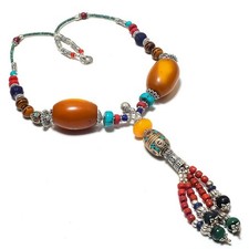 Collana con pietre preziose in malachite turchese ambra gioielli tibetani...