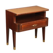 Comodino Vintage Impiallacciato in Legno Esotico Vetro Ottone Italia Anni 50-60