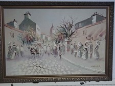 Boris Chezar, tecnica mista grande dipinto olio e sabbia paesaggio incorniciato, vintage