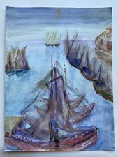 Quadro moderno anonimo ad acquerello di pescherecci nel porto marino