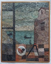 ALCIONE GUBBELLINI DIPINTO SU TAVOLA IN LEGNO VENEZIA 24X30 ARTE MISTA TIMBRO 