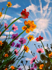 Quadro originale fiori selvatici paesaggio estivo arte da parete margherita...