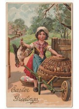 in Rilievo bambina carriola galline uova colorate antica cartolina Pasqua Easter