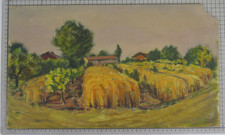 PAESAGGIO DI CAMPAGNA CON CAMPI DI GRANO QUADRO AD OLIO SU TAVOLA DI PANCALDI p