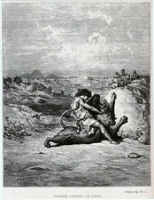 ?  ANTICA STAMPA DI GUSTAVO SANSONE ATTERRA UN LEONE  EPOCA 1930 -M-1027.