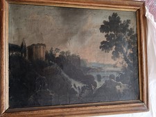 Antico Dipinto, olio su tela, XVIII secolo, paesaggio Ruderi Cascate Personaggi