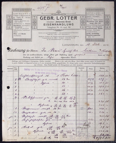 Fattura 1922 usata lotto - fattura,