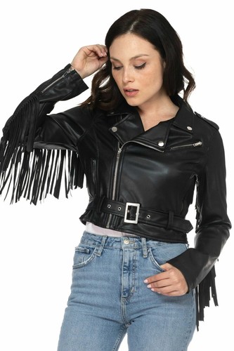 Giacca donna pelle nera - , frange