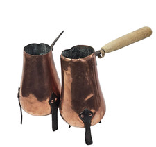 ANTICA COPPIA PENTOLINI SCALDINO con Manico ITALIA IN RAME VINTAGE DA COLLEZIONE