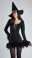 Halloween abito strega nero con piume e cappello, misura 38/42