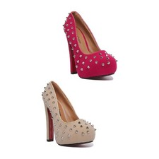 Donna Tacco a Blocco con Plateau Scarpe con Borchie IN Beige Misura UK 3 - 8