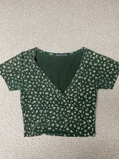 Brandy Melville blusa donna verde crop top manica corta t-shirt top floreale
