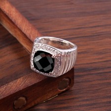 Naturale Onice Nera Gemma Con 14K Placcato Oro Bianco Argento Uomo Anello #432