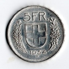 Svizzera , 1954 e 1969 , 2 monete da 5 franchi in argento 835/1000 .