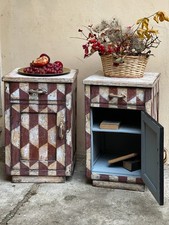 Coppia Mobiletti ARLECCHINO In Legno Dipinti A Mano Patina Antica Rustic Chic