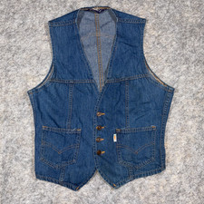 Gilet vintage Levis Fresh Produce denim uomo piccolo anni 70 bottoni blu jeans unisex