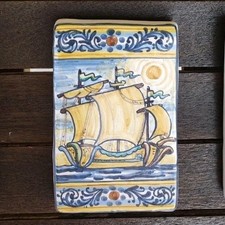 Mattone,quadro, Veliero, Barca Nave.ceramica di castelli dipinto a mano. Faenza 