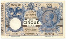 5 LIRE PROVA FRONTE BIGLIETTO DI STATO VITTORIO EMANUELE III 08/11/1904 BB