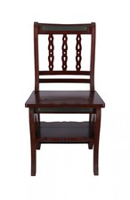 Sedia scala in legno di mogano lavorata a mano con rivestimento in pelle verde