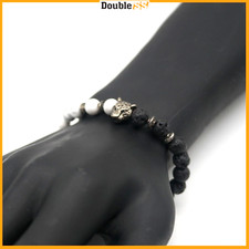 Bracciale per Uomo in Pietra Lavica Nero di Perline elastico con Charms Leopardo