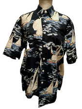 Camicia Vintage Nautica Uomo 100% Cotone Blu Navy Stampa Yacht Bottoni Hong Kong M