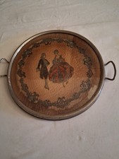 RARO VASSOIO ART DECO IN METALLO E VETRO-INTERNO RICAMATO VEDI FOTO