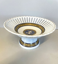 ANTICO PIATTO ALZATA PORCELLANA BIANCA DECORO TRAFORATO BLU ORO ø 21x 10,5 cm/h