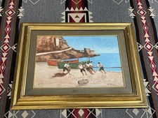 Quadro olio Guido Mancini 1959 scena pescatori Costiera Amalfitana con cornice fiorentina