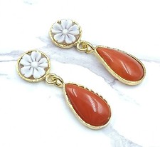 Antichi Orecchini A Goccia Cameo Corallo Sardegna Rosso Bottoni Argento 925 Oro