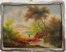 Quadro Olio su rame, paesaggio campestre, cornice argento mecca sagomata.