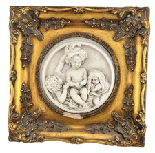 Antico Enrico Braga rilievo marmo fuso 3 cherubini in cornice dorata Gesso 12" x 12"