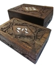 Portagioie indiani, cofanetti in legno con decori intarsiati a mano  (coppia) 