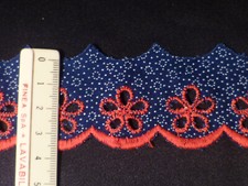 PIZZO SANGALLO 100 % COTONE ROSSO BLU ALTEZZA CM 3,5 BALZA BORDO VENDITA A MT