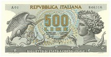 500 LIRE BIGLIETTO DI STATO ARETUSA PRIMA SERIE A01 20/06/1966 FDS-/FDS