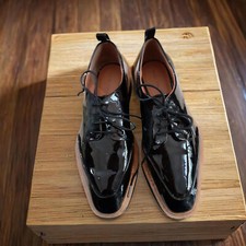 Scarpe basse da donna Zara, mocassino nero pelle lucida con lacci e zeppa, 38