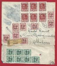 1918 Venezia Giulia, n. 6 + 21 +22 in blocchi su lettera Raccomandata VIAGGIATA