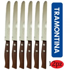 12 COLTELLI TRAMONTINA PUNTA CURVA LAMA INTERAMENTE SEGHETTATA MANICO IN LEGNO 