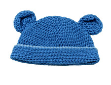 CAPPELLO UNCINETTO FATTO A MANO BIMBO 3-6 MESI CIRC 38CM LANA AZZURRO SCURO