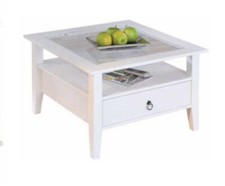 Tavolino basso in legno massello bianco. 75x75x45h. Ripiano in vetro e 1cassetto
