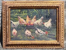Giovanni Guarlotti ( Galliate NO  1869 - Torino 1954 ). "Galline" , dipinto olio