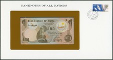 Malta: 1 lira n.d.(1979) (P# 34b, punto in alto a destra, banconote di tutte le nazioni) - UNC