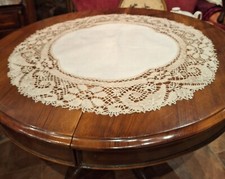 Antico Centro Rotondo Lino Ricamo  Mano Bordura  Tombolo Diametro Cm83 Perfetto.