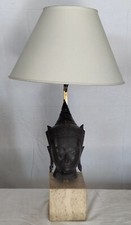 Lampada statua bronzo Buddha travertino ottone artigianale 75 cm (h) 8.3 kg