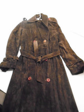 Trench coat donna lungo in vera pelle scamosciata taglia S marrone con cintura bottoni
