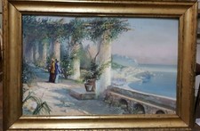 Dipinto guache ,  veduta Napoli con personaggi, Maria Gianni
