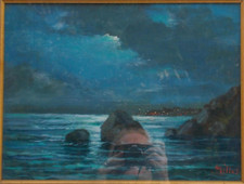 MILLUS (MARIO ILLUSI 1925-1992) - MARINA NOTTURNA- OLIO SU TAVOLA 40x30