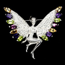 925 Argento Sterling Spilla Marquise Ametista Citrino Peridoto Gemma Gioielli