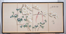 Schermo pieghevole 4 pannelli Byobu giapponese metà XX secolo uccellini, alberi e fiori
