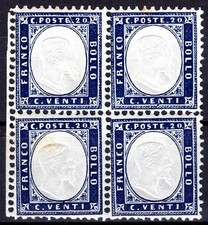 VITTORIO EMANUELE II C.20 SASS 2 IN QUARTINA MNH** NUOVA CON GOMMA INTEGRA ORIGI