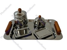 SET ACCIAIO INOX VINTAGE  VASSOIO ZUCCHERIERA BARATTTOLA CAFFE'  E 12 PIATTINI.